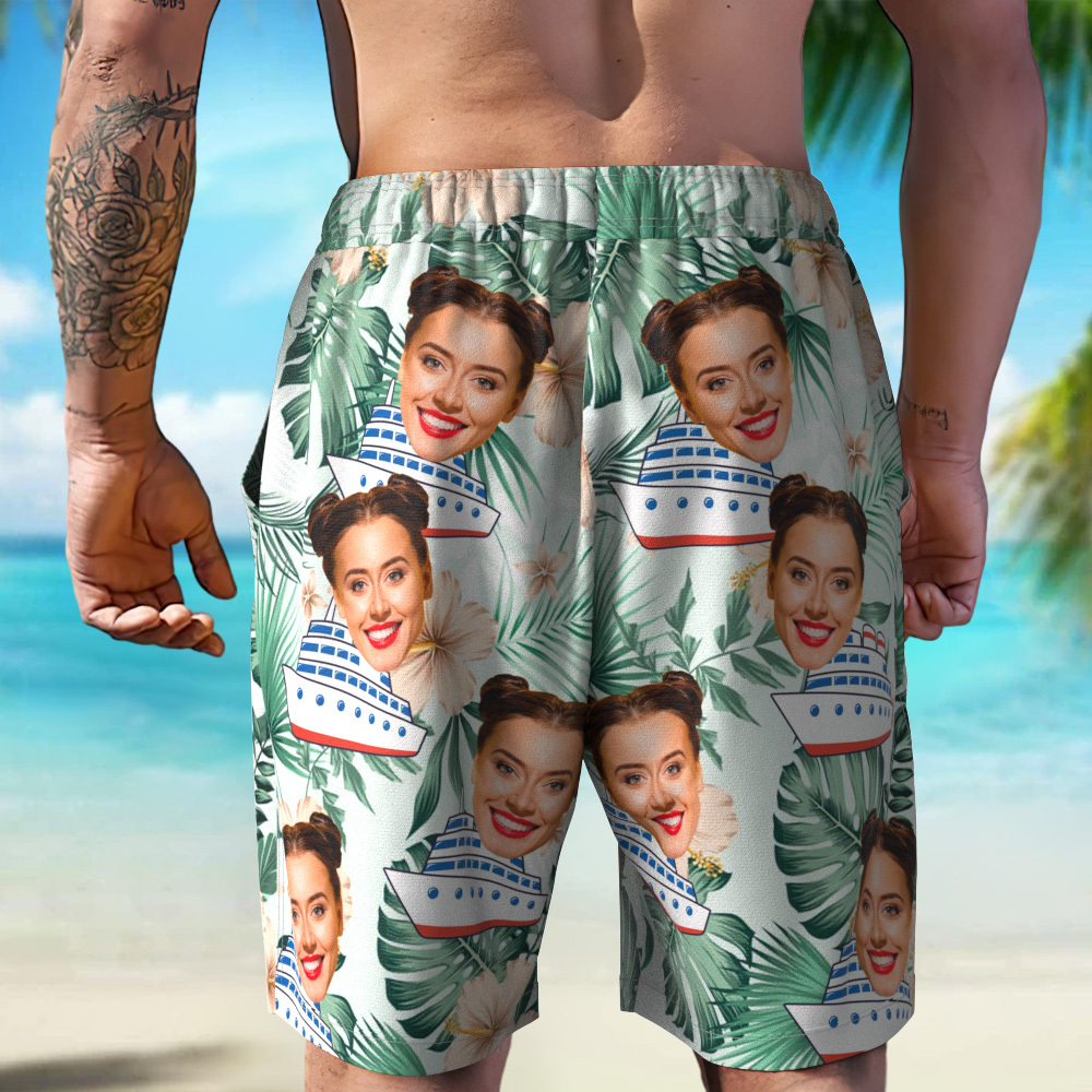 Pantalones Cortos De Playa Personalizados Con Foto De Crucero, Regalo Para Amantes De Los Viajes Pantalones Cortos De Playa Personalizados Con Cara De Hojas Verdes - miscalcetinescaramx