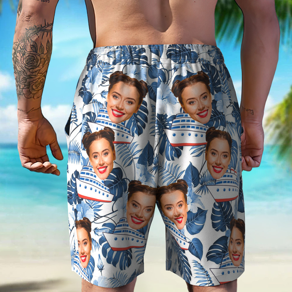 Pantalones Cortos De Playa Personalizados Con Foto De Crucero, Regalo Para Amantes De Los Viajes Pantalones Cortos De Playa Personalizados Con Cara De Hojas Verdes - miscalcetinescaramx