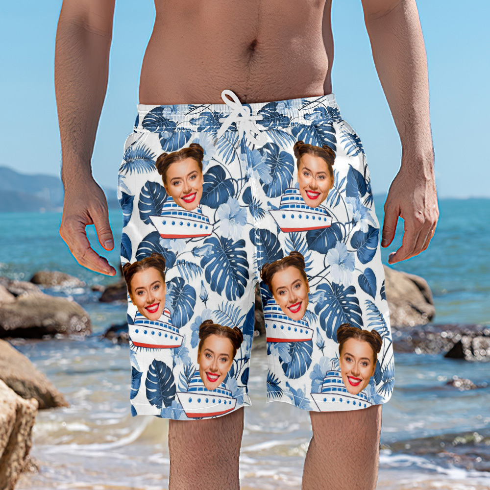 Pantalones Cortos De Playa Personalizados Con Foto De Crucero, Regalo Para Amantes De Los Viajes Pantalones Cortos De Playa Personalizados Con Cara De Hojas Verdes - miscalcetinescaramx