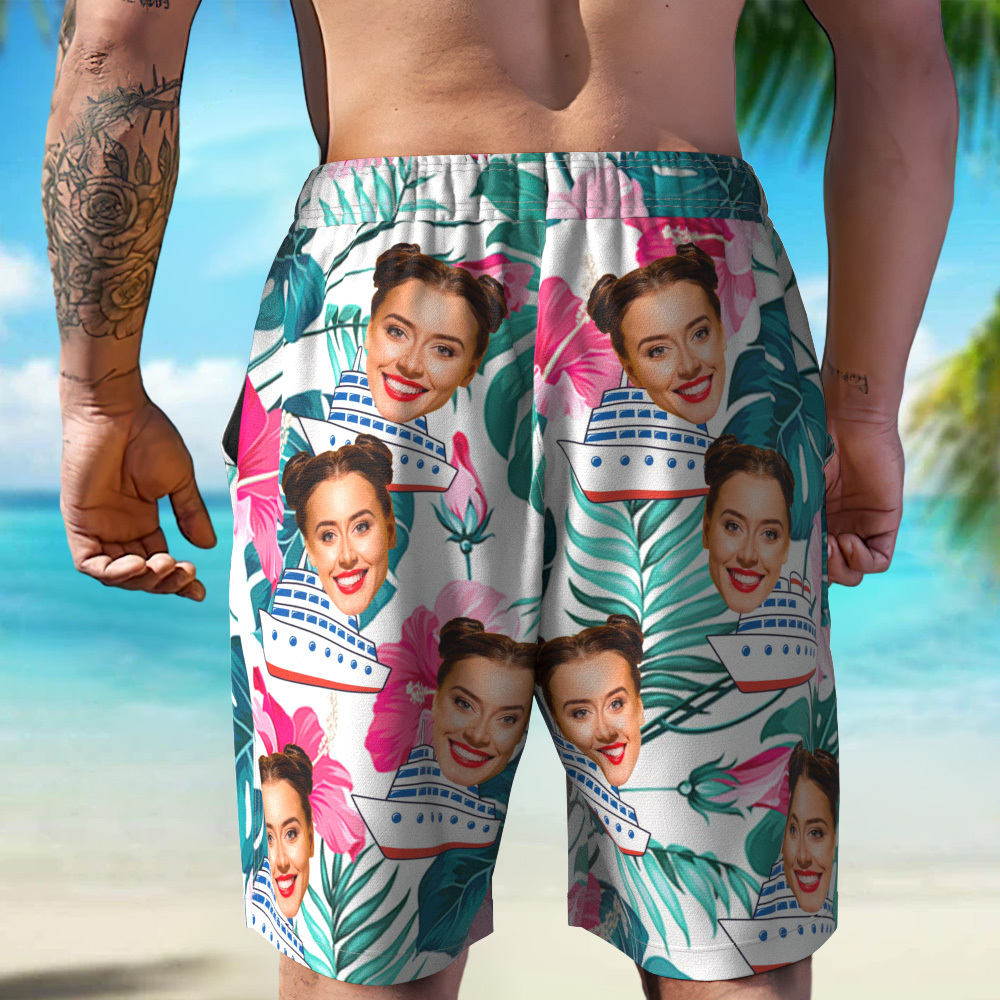Pantalones Cortos De Playa Personalizados Con Foto De Crucero, Regalo Para Amantes De Los Viajes Pantalones Cortos De Playa Personalizados Con Cara De Hojas Verdes - miscalcetinescaramx