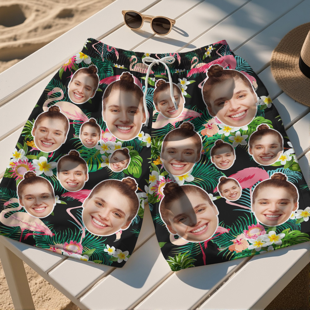 Bañador De Playa Personalizado Con Cabeza Grande De Flamenco Verde, Cara Personalizada, Estilo Hawaiano Tropical De Verano, Regalo - miscalcetinescaramx