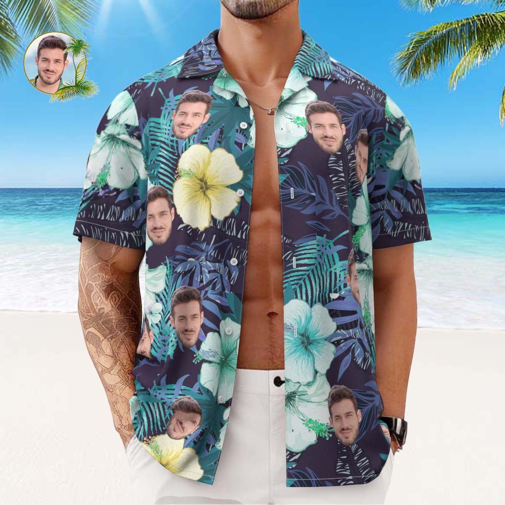 Camisa Hawaiana Con Cara Personalizada, Camisa Aloha Con Estampado Integral Para Hombre, Regalo - Flores Verdes - MyFaceSocksMX