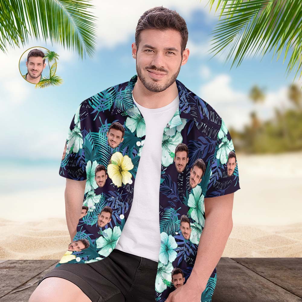 Camisa Hawaiana Con Cara Personalizada, Camisa Aloha Con Estampado Integral Para Hombre, Regalo - Flores Verdes - MyFaceSocksMX