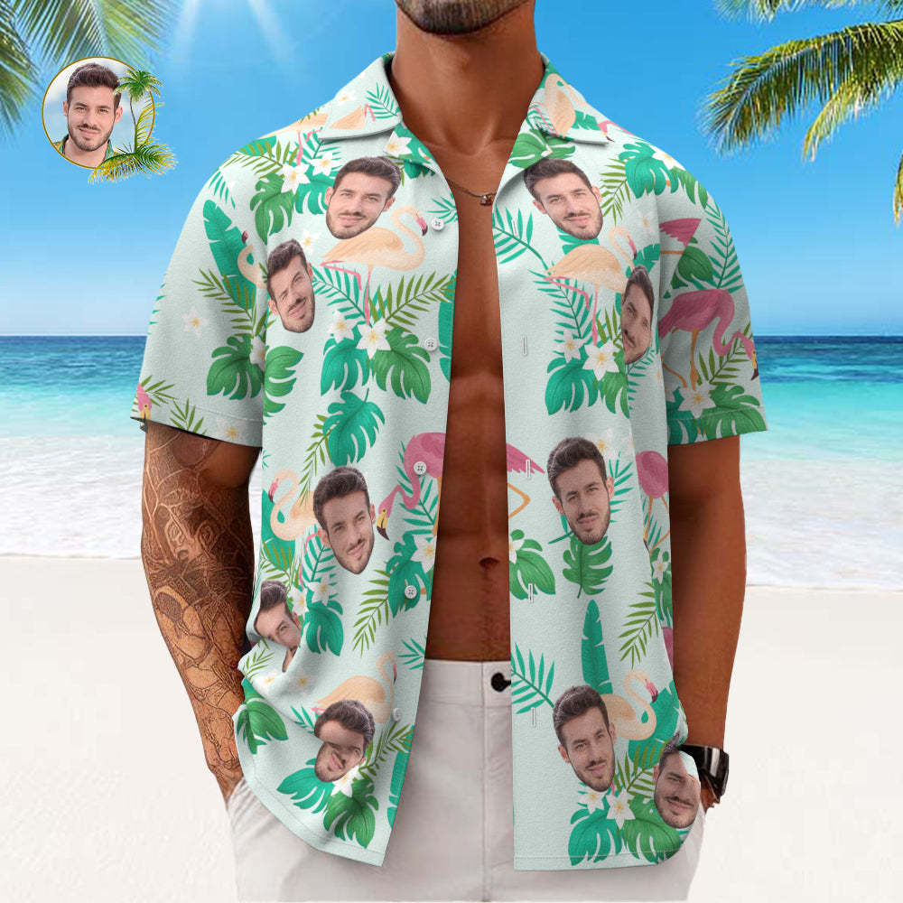 Camisa De Hombre Personalizada Con Estampado De Cara, Camisa Hawaiana, Hojas Verdes Y Flamenco - MyFaceSocksMX