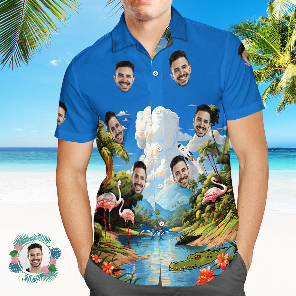 Camisa Hawaiana Personalizada Con Estampado De Cara Para Hombre - Cielo - MyFaceSocksMX