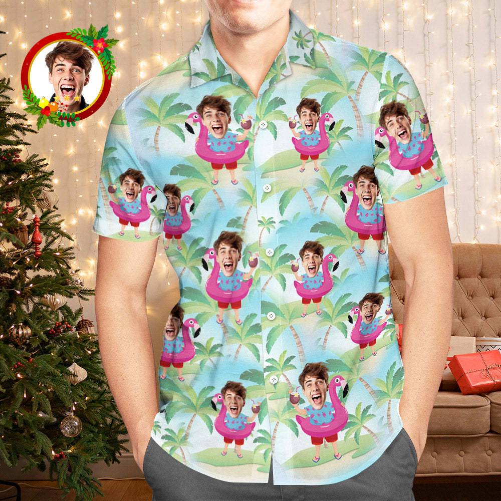 Camisa Hawaiana De Cara Personalizada Papá Noel Con Flamenco Camisas Navideñas Divertidas Para Hombres Aloha - MyFaceSocksMX