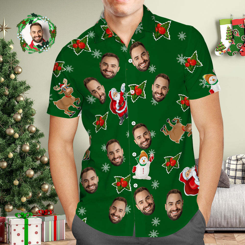 Camisa Hawaiana Con Cara Personalizada Camisas Hawaianas Con Foto Verde Regalo De Navidad De Papá Noel Y Muñeco De Nieve Para Él - MyFaceSocksMX
