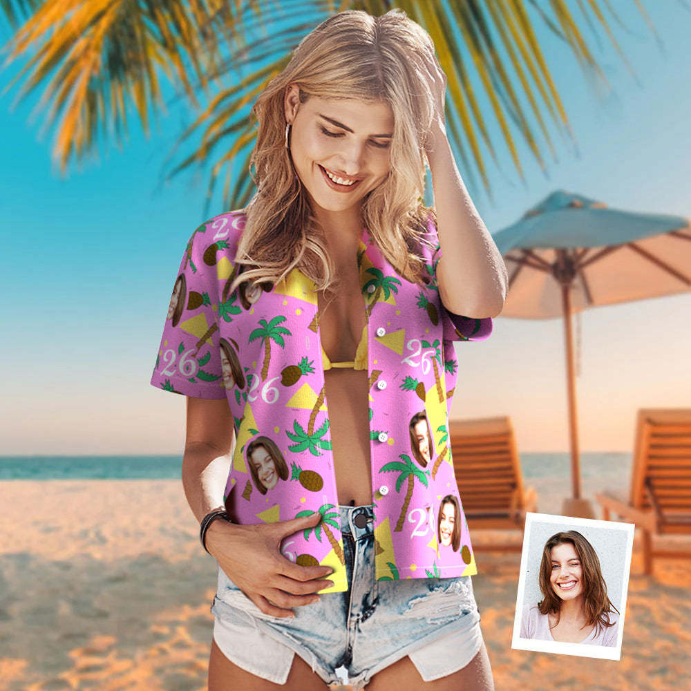 Camisa Hawaiana Personalizada Con Cara Y Números Multicolores, Árbol De Coco Y Piña, Regalo De Cumpleaños Para Mujeres - MyFaceSocksMX