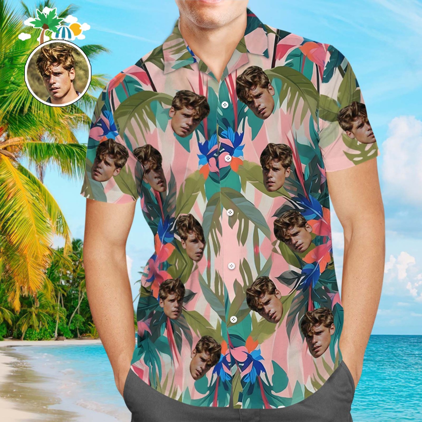Camisa Hawaiana De Hojas De Cara Personalizada Camisa Hawaiana De Flamenco Para Papá - miscalcetinescaramx