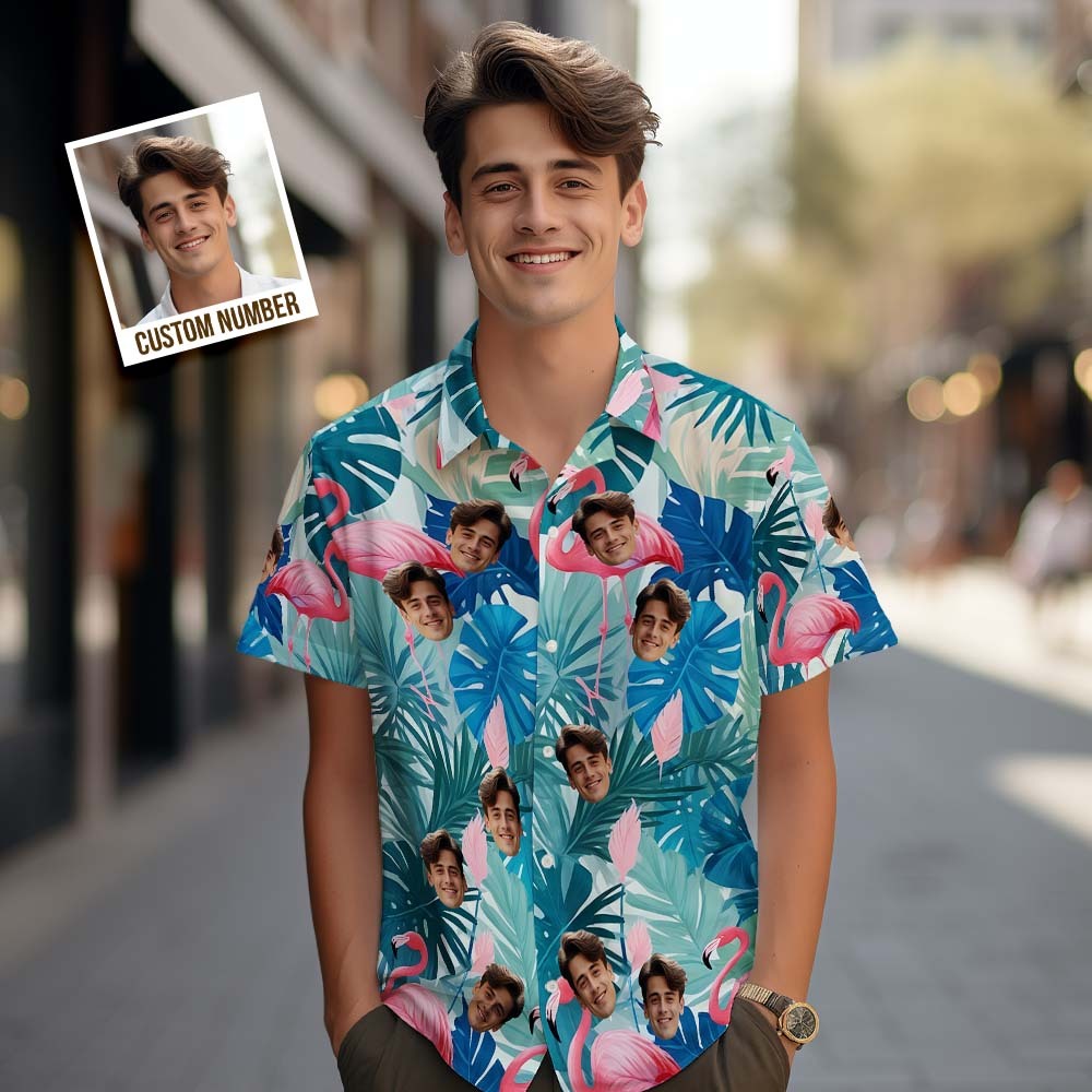 Camisas Hawaianas De Cara Personalizada Camisa Hawaiana Azul Con Hojas De Flamenco - miscalcetinescaramx