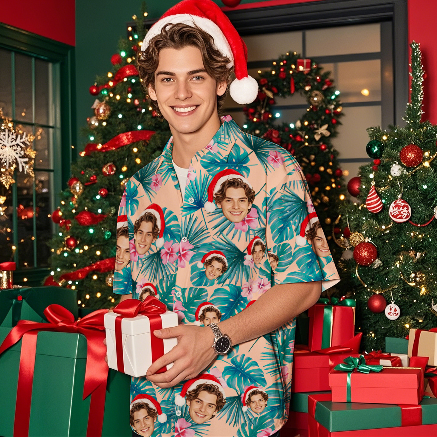 Camisa Hawaiana Con Cara Personalizada, Flores Y Hojas De Flamenco Personalizadas, Camisa Hawaiana Con Cara Navideña Para Vacaciones En La Playa - miscalcetinescaramx