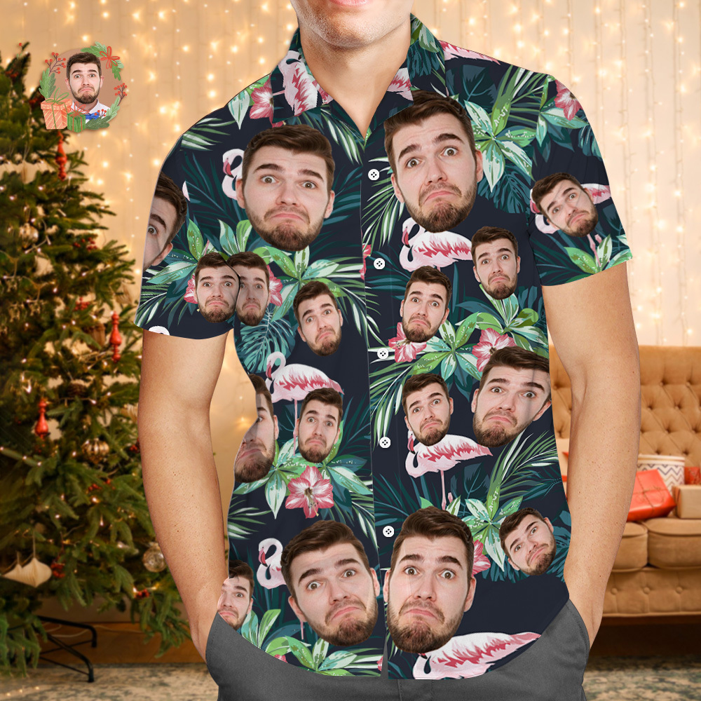 Camisa Hawaiana Con Cara Personalizada, Flores Y Hojas De Flamenco Personalizadas, Camisa Hawaiana Con Cara Navideña Para Vacaciones En La Playa - miscalcetinescaramx