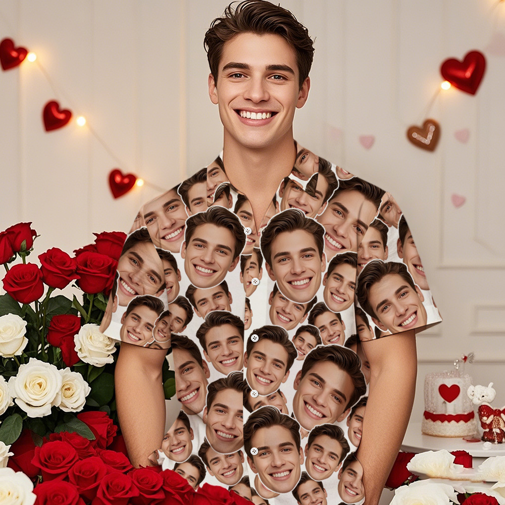 Camisa Hawaiana Con Cara De Puré Personalizada Camisa Hawaiana Con Cara De San Valentín Camisa Hawaiana Blanca Para Pareja - miscalcetinescaramx