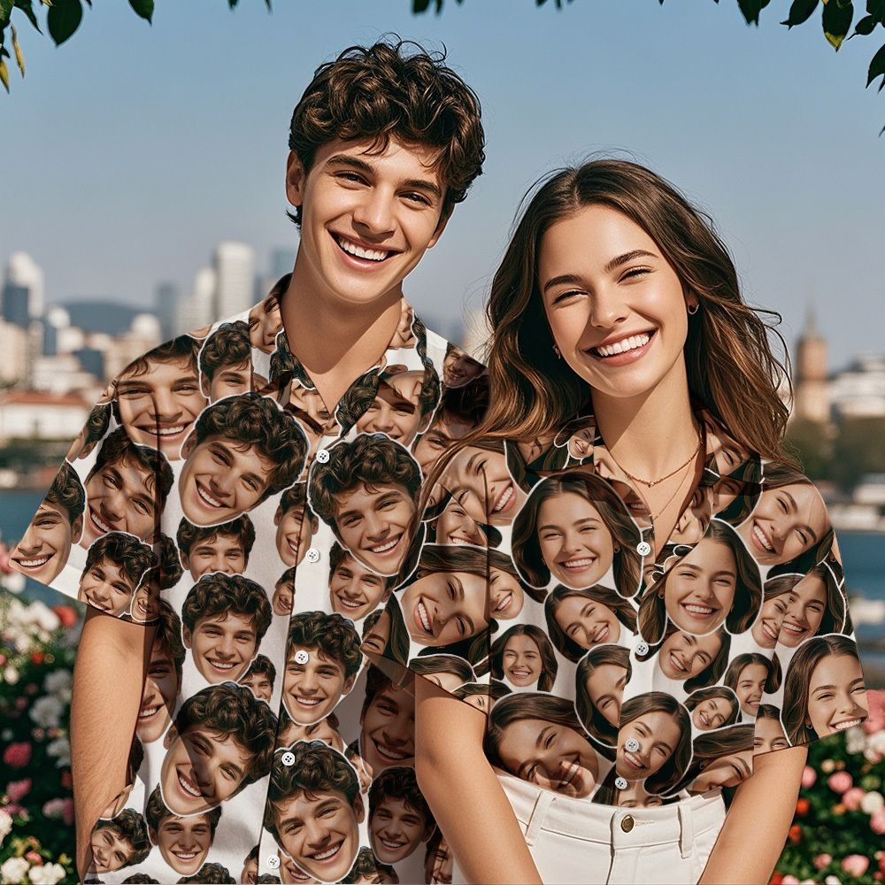Camisa Hawaiana Con Cara De Puré Personalizada Camisa Hawaiana Con Cara De San Valentín Camisa Hawaiana Blanca Para Pareja - miscalcetinescaramx