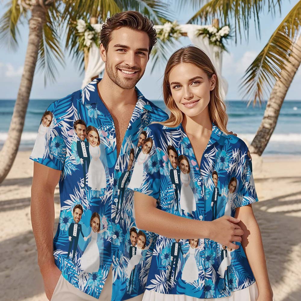 Camisa Hawaiana Con Cara Personalizada Para Boda Camisa Hawaiana Con Cara De Hojas Azules Favor De Boda - miscalcetinescaramx
