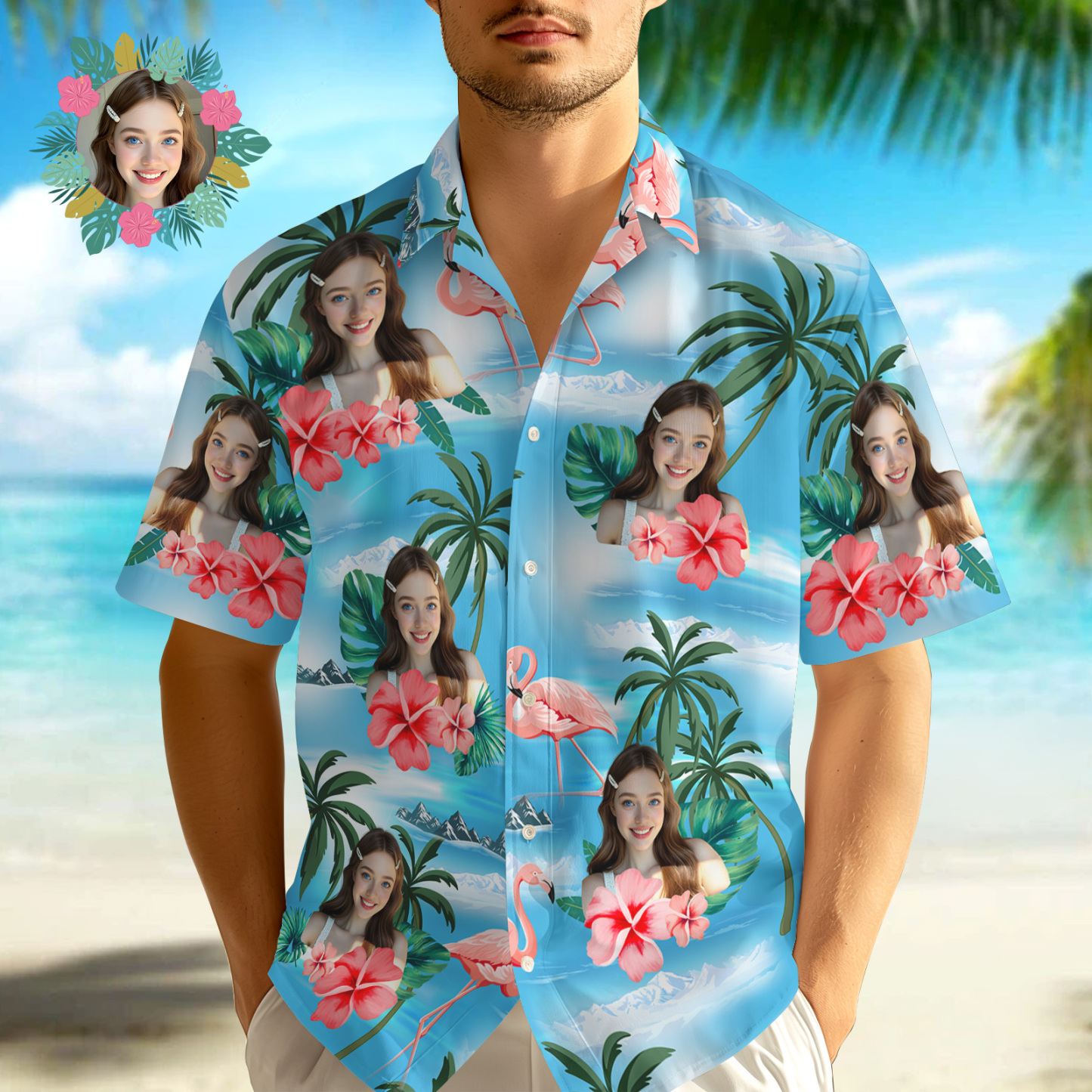 Camisa Hawaiana Aloha Con Hojas Tropicales Personalizadas, Regalo De Vacaciones De Verano, Camisa Hawaiana Con Cara Personalizada - miscalcetinescaramx