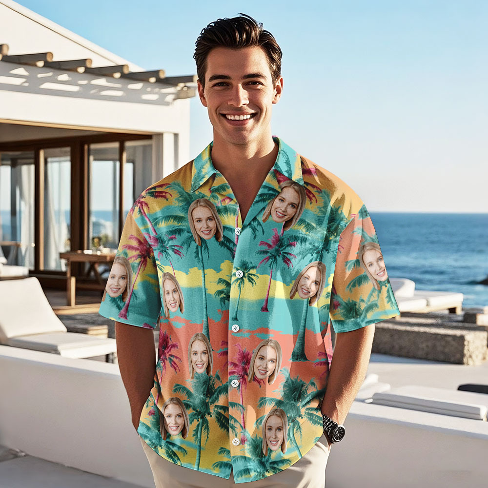 Camisa Hawaiana Con Cara Personalizada Camisa Hawaiana Con Colores Del Atardecer Regalo Camisa Hawaiana Con Cara Personalizada - miscalcetinescaramx