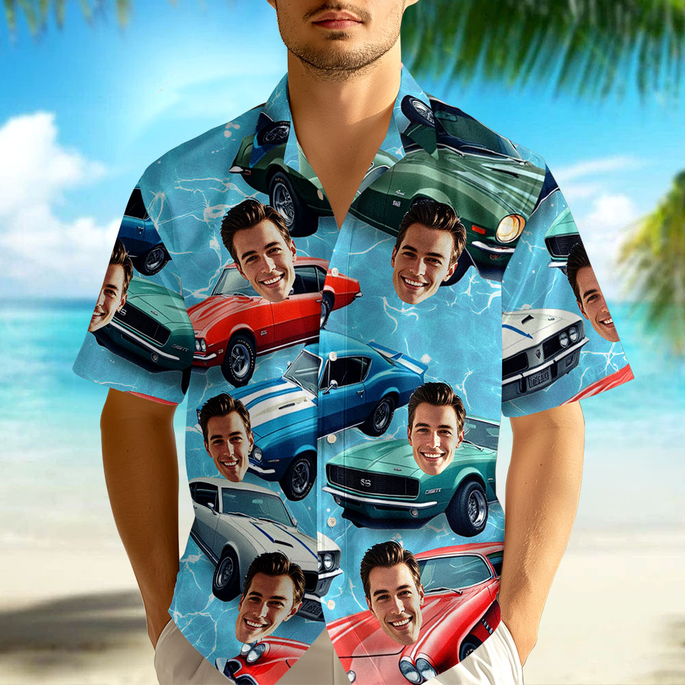 Camisa Hawaiana Con Cara Personalizada, Clásica Camisa Hawaiana Con Foto De Coche Azul Marino, Regalo Para Él