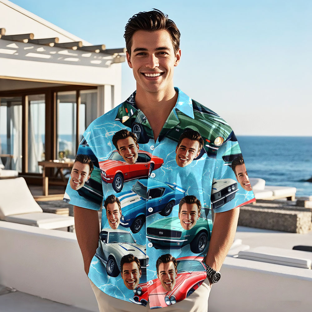 Camisa Hawaiana Con Cara Personalizada, Clásica Camisa Hawaiana Con Foto De Coche Azul Marino, Regalo Para Él