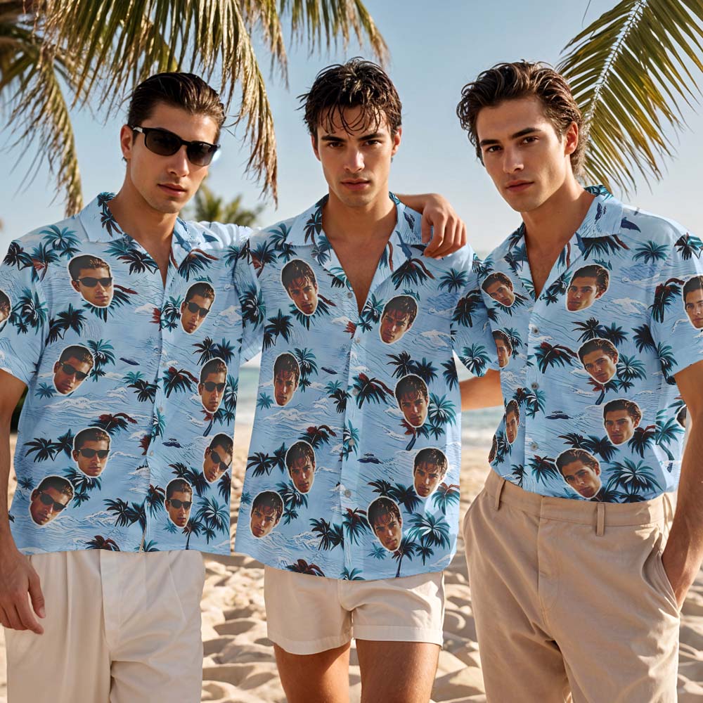 Camisa Hawaiana Personalizada Con Cara De Hojas Azules Y Foto De Cara Personalizada Para Hombre, Regalo Divertido Para Las Vacaciones De Verano.