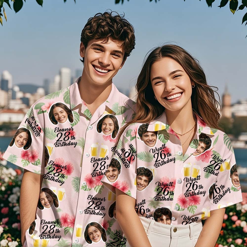 Camisa Hawaiana Personalizada Para Cumpleaños De Pareja, Camisa Rosa Personalizada Con Nombre De Cara, Camisa Hawaiana De Cumpleaños Aloha Para Fiesta De Cumpleaños, Regalo De Cumpleaños - miscalcetinescaramx