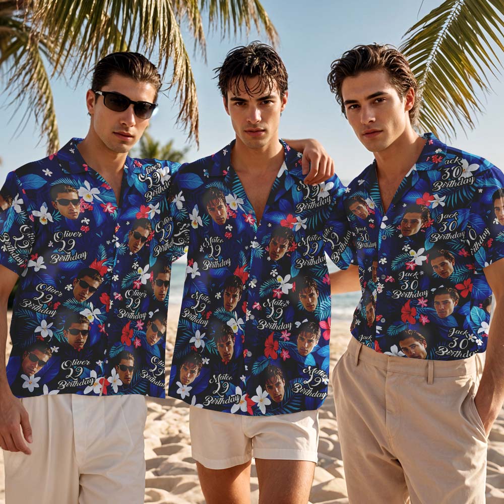 Camisa Hawaiana Con Foto Personalizada, Sombrero De Cumpleaños, Flores Tropicales Azul Oscuro, Camisa Hawaiana Con Cara Y Nombre, Regalo