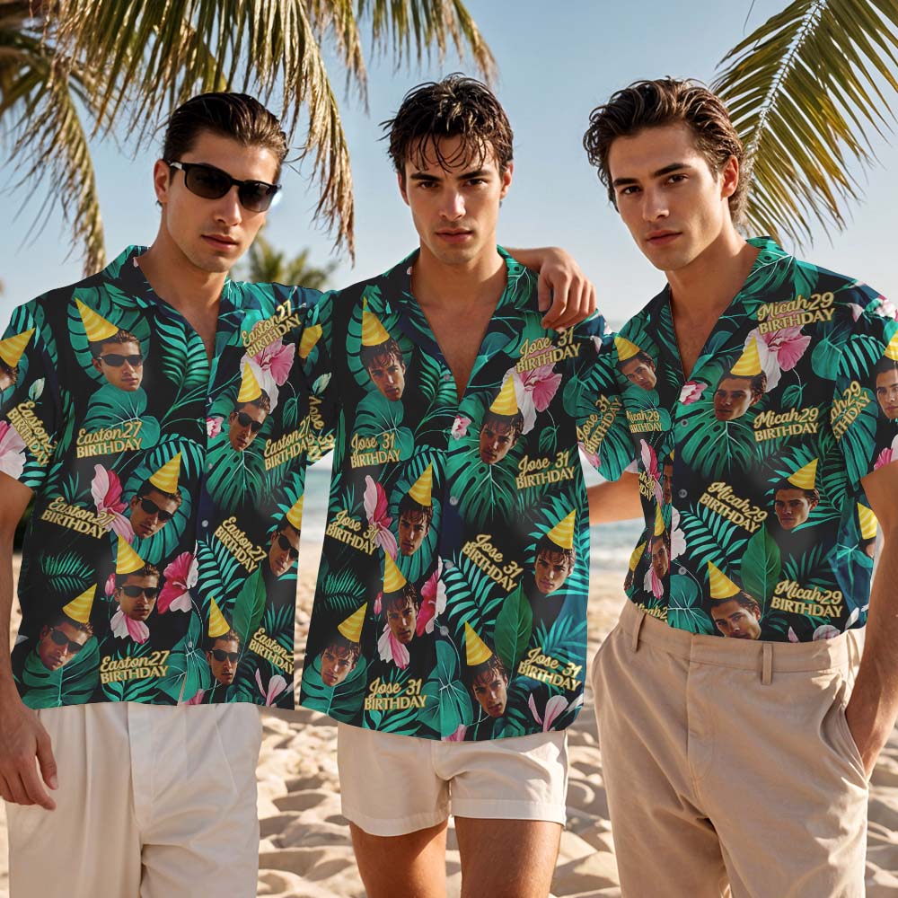 Camisa Hawaiana Con Foto Personalizada, Sombrero De Cumpleaños, Hoja De Palma Verde Oscuro, Camisa Hawaiana Con Cara Y Nombre, Regalo