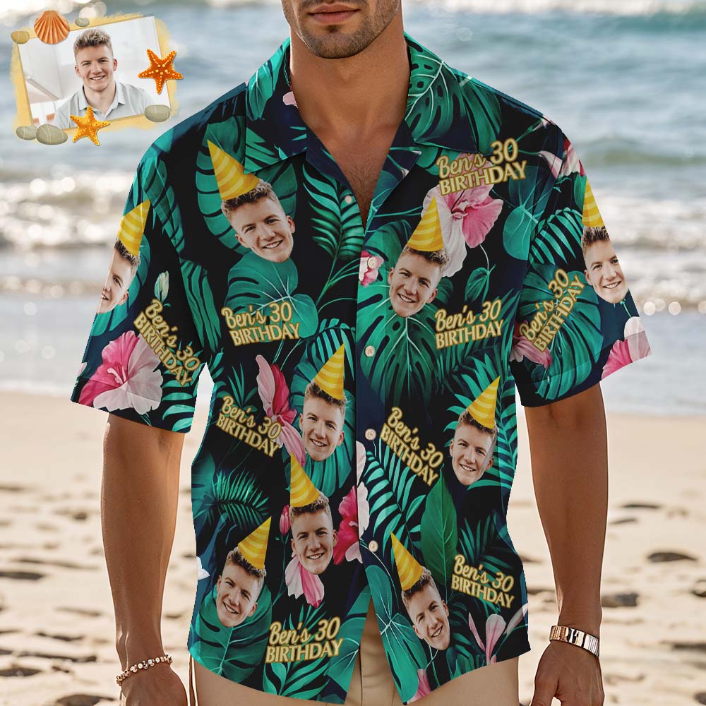 Camisa Hawaiana Con Foto Personalizada, Sombrero De Cumpleaños, Hoja De Palma Verde Oscuro, Camisa Hawaiana Con Cara Y Nombre, Regalo