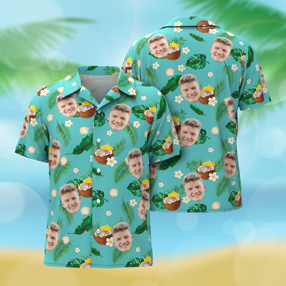 Camisa Hawaiana Personalizada Con Cara De Coco Verde. Regalos Tropicales Para Fiestas. - miscalcetinescaramx