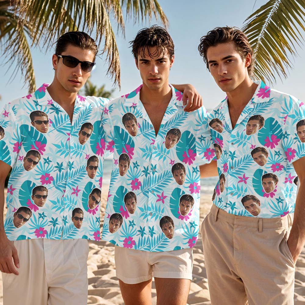 Camisa Hawaiana Personalizada Con Cara De Hoja Azul Fresca. Regalos Tropicales Para Fiestas. - miscalcetinescaramx