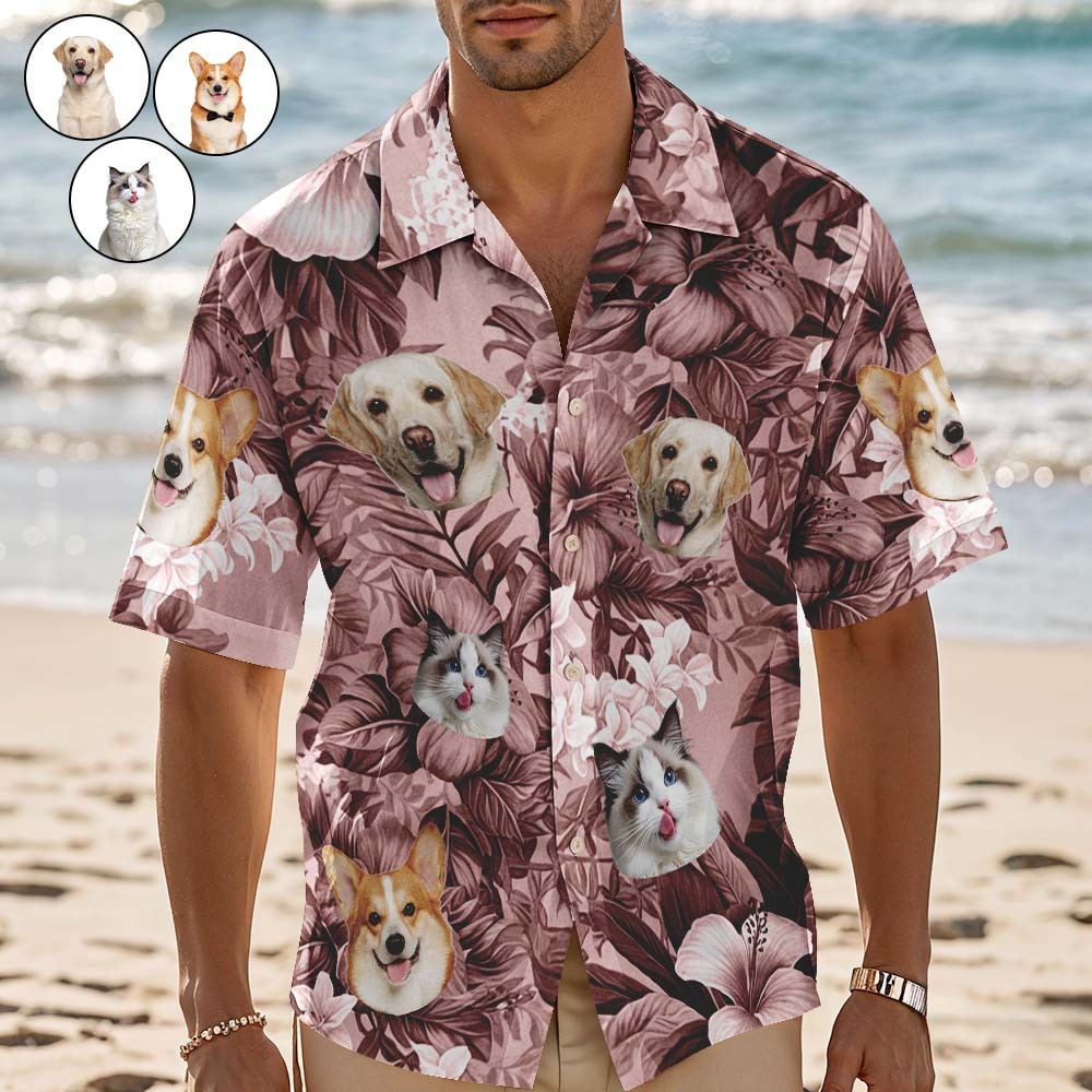 Camisa Hawaiana Personalizada Con Hojas Rosas Y Foto Personalizada. Divertidas Camisas De Fiesta Para Amantes De Las Mascotas. - miscalcetinescaramx