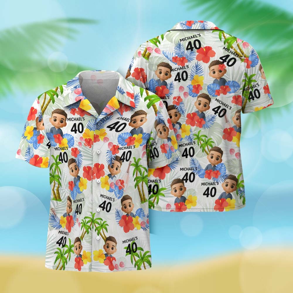 Camisa Hawaiana Personalizada Con Estampado Integral De Cara De Dibujos Animados, Flamencos, Flores Y Hojas - miscalcetinescaramx