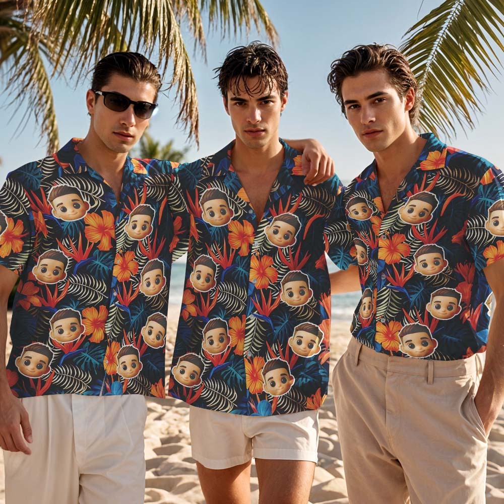 Camisa Hawaiana Personalizada Con Estampado Integral De Cara De Dibujos Animados, Flamencos, Flores Y Hojas - miscalcetinescaramx