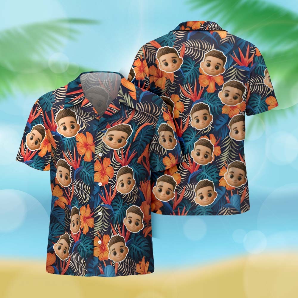 Camisa Hawaiana Personalizada Con Estampado Integral De Cara De Dibujos Animados, Flamencos, Flores Y Hojas - miscalcetinescaramx
