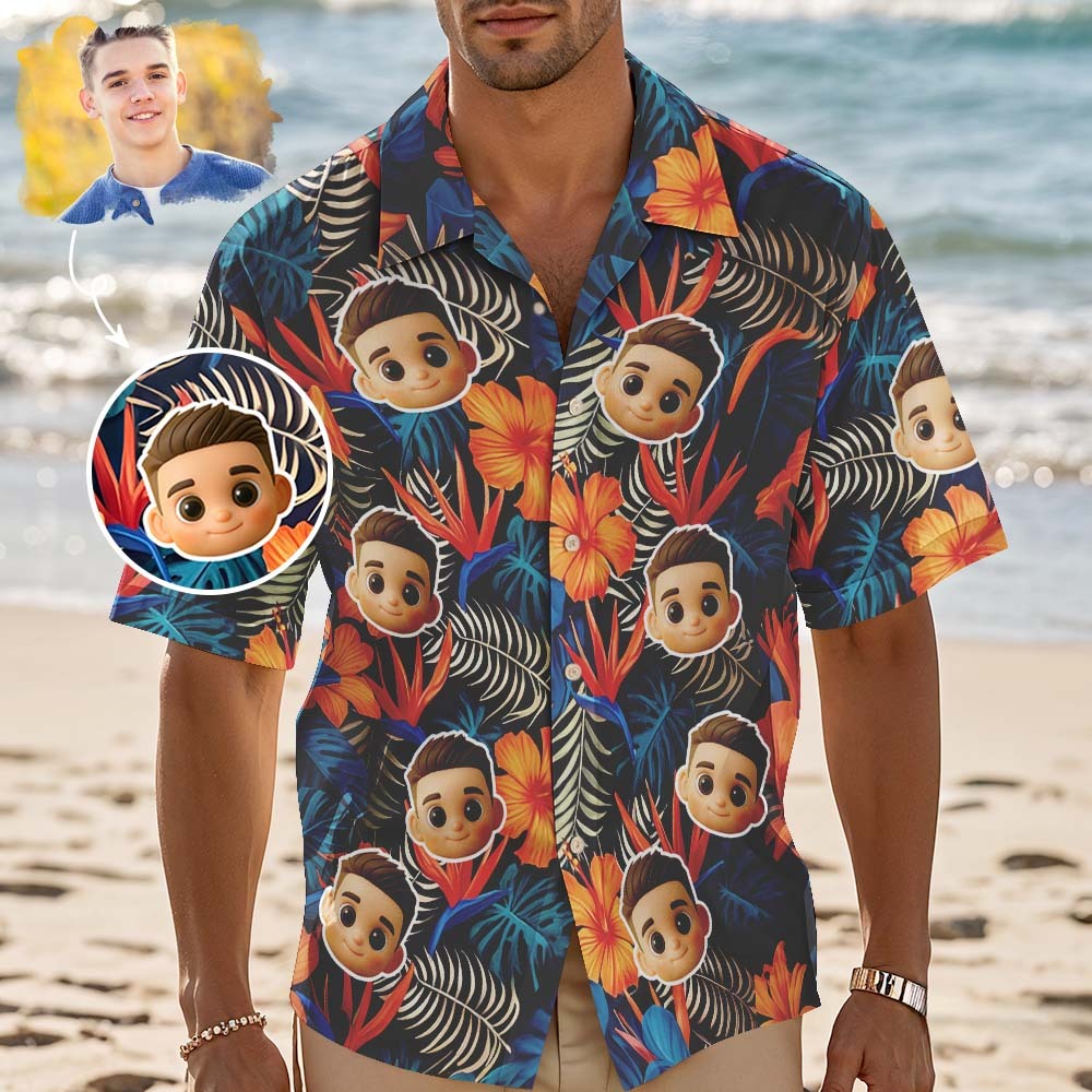 Camisa Hawaiana Personalizada Con Estampado Integral De Cara De Dibujos Animados, Flamencos, Flores Y Hojas - miscalcetinescaramx