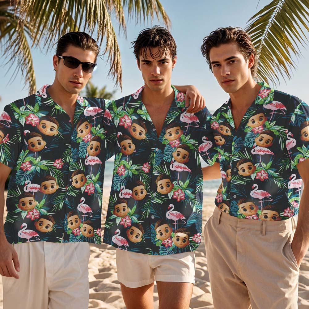 Camisa Hawaiana Personalizada Con Estampado Integral De Cara De Dibujos Animados, Flamencos, Flores Y Hojas - miscalcetinescaramx