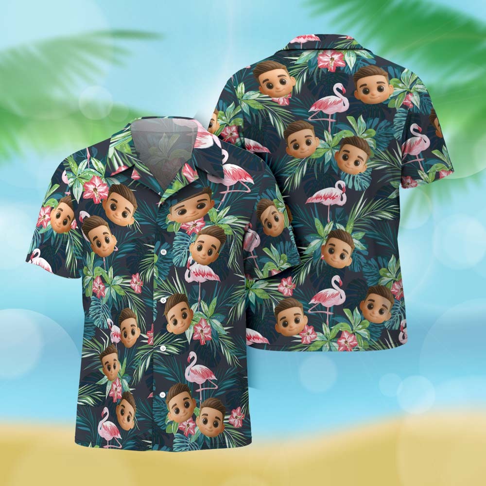 Camisa Hawaiana Personalizada Con Estampado Integral De Cara De Dibujos Animados, Flamencos, Flores Y Hojas - miscalcetinescaramx