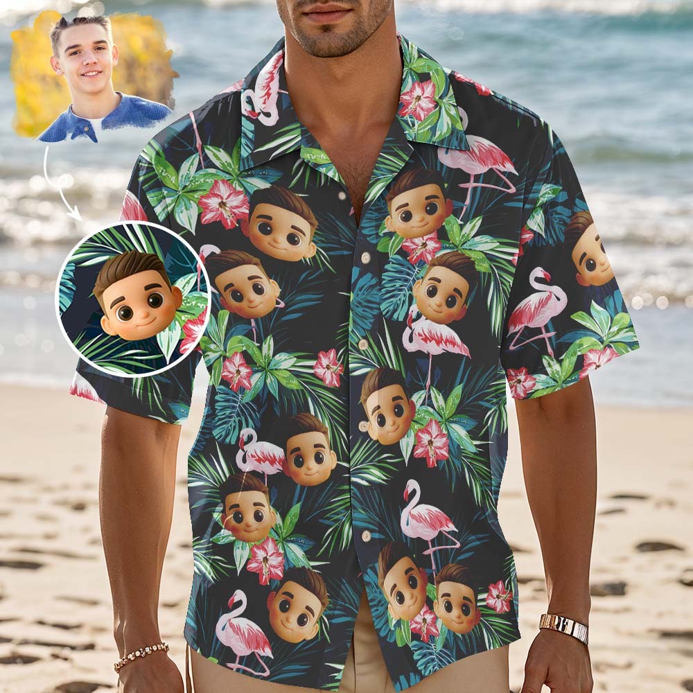 Camisa Hawaiana Personalizada Con Estampado Integral De Cara De Dibujos Animados, Flamencos, Flores Y Hojas - miscalcetinescaramx
