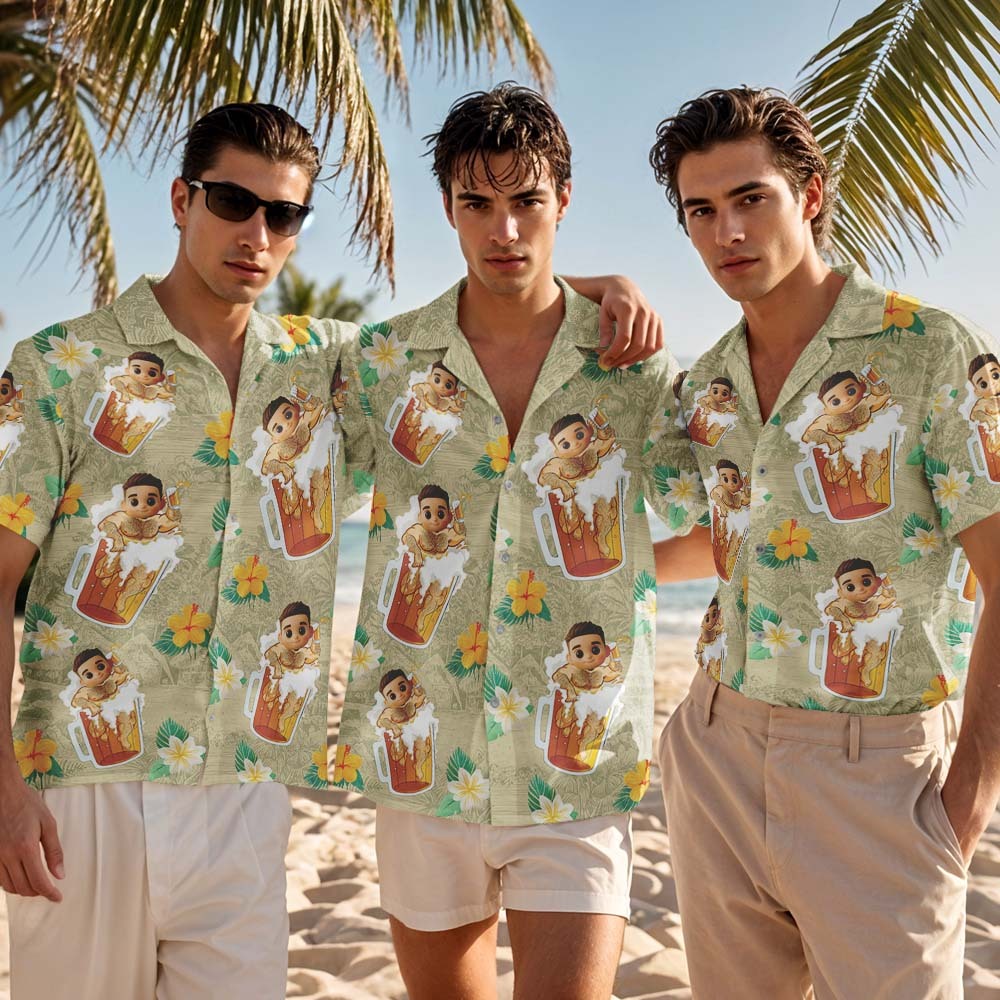 Camisa Hawaiana Personalizada Con Estampado Integral De Cara De Dibujos Animados, Flamencos, Flores Y Hojas - miscalcetinescaramx