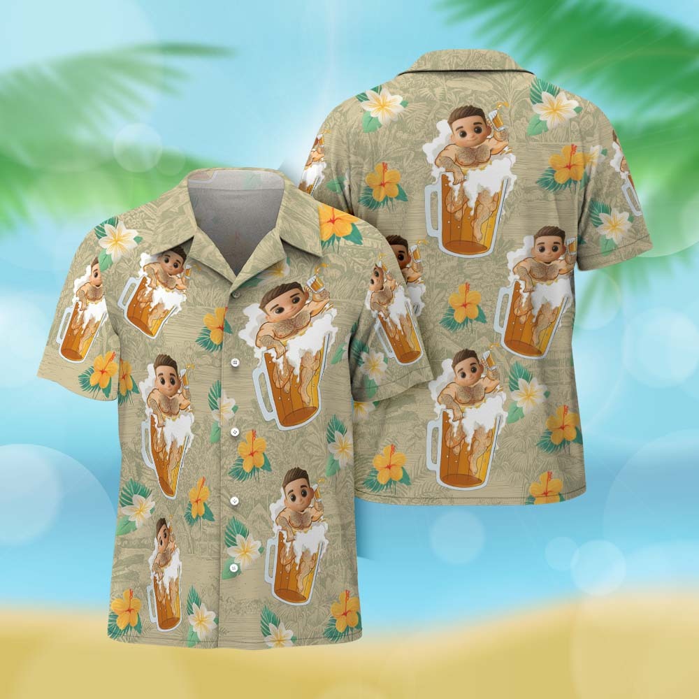 Camisa Hawaiana Personalizada Con Estampado Integral De Cara De Dibujos Animados, Flamencos, Flores Y Hojas - miscalcetinescaramx