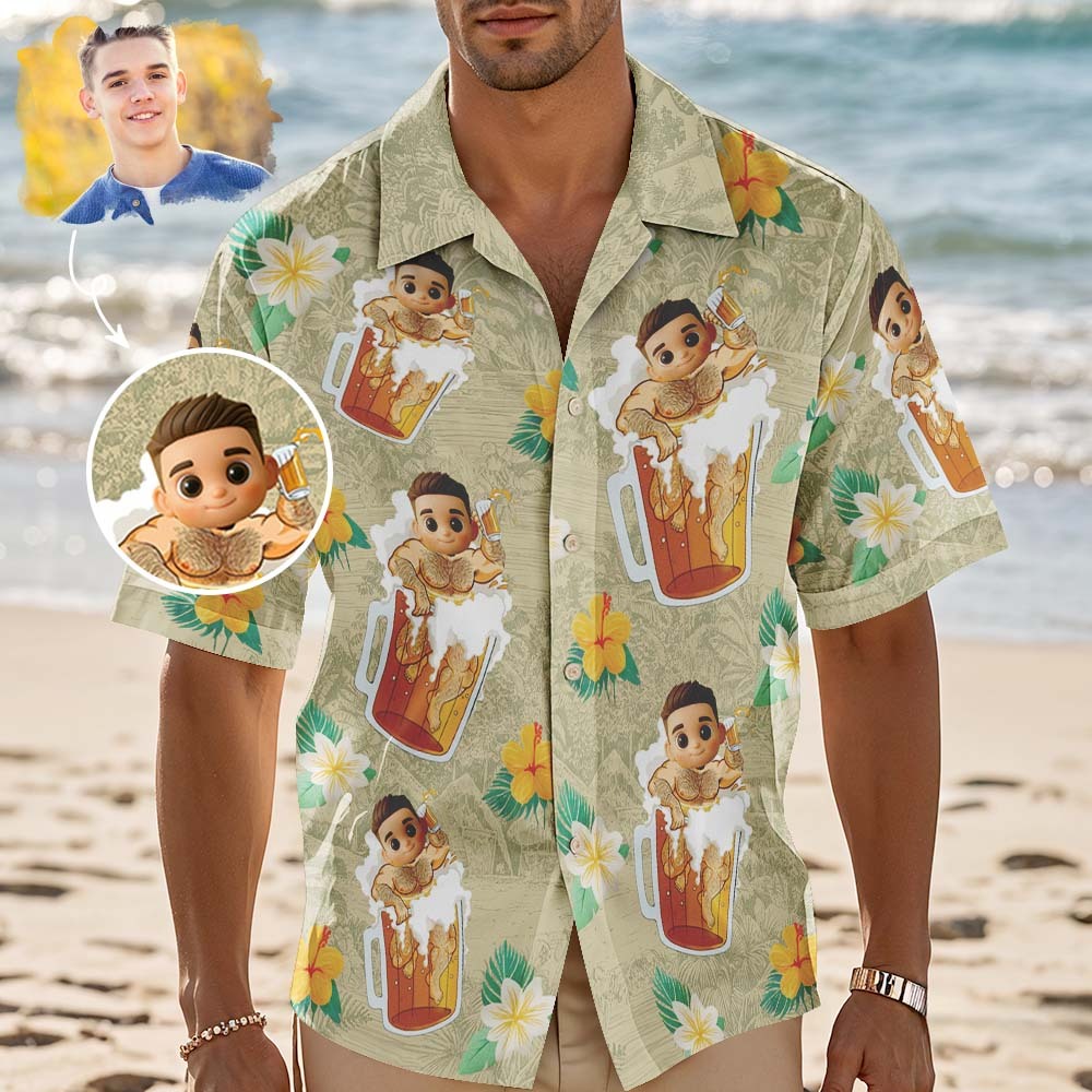 Camisa Hawaiana Personalizada Con Estampado Integral De Cara De Dibujos Animados, Flamencos, Flores Y Hojas - miscalcetinescaramx