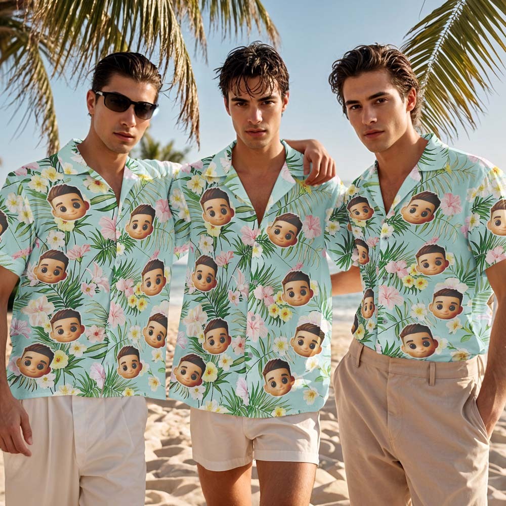 Camisa Hawaiana Personalizada Con Estampado Integral De Cara De Dibujos Animados, Flamencos, Flores Y Hojas - miscalcetinescaramx