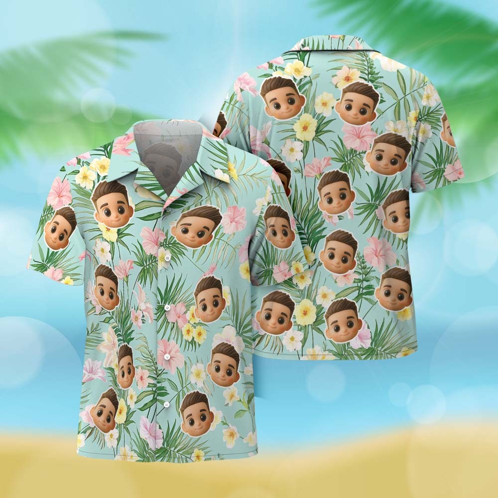 Camisa Hawaiana Personalizada Con Estampado Integral De Cara De Dibujos Animados, Flamencos, Flores Y Hojas - miscalcetinescaramx