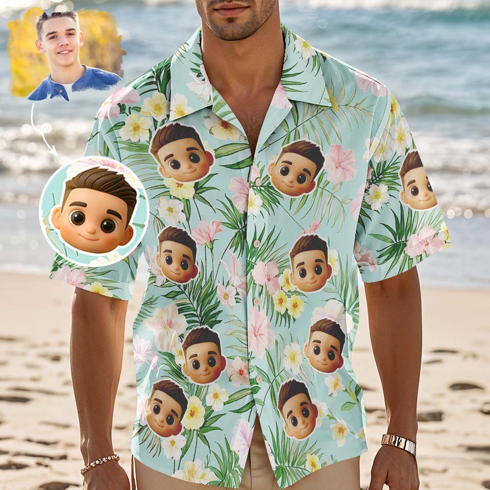 Camisa Hawaiana Personalizada Con Estampado Integral De Cara De Dibujos Animados, Flamencos, Flores Y Hojas - miscalcetinescaramx