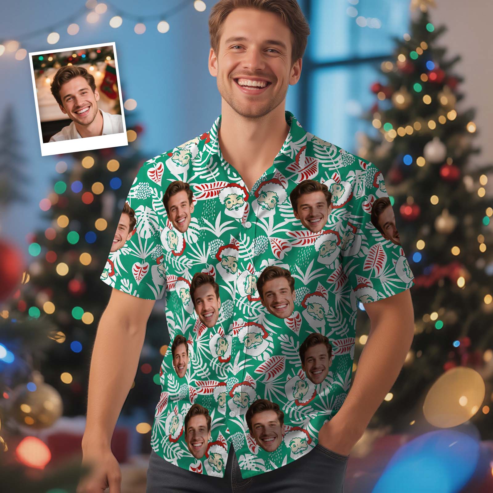 Camiseta Navideña Personalizada Con Cara De Papá Noel Verde. Camiseta Hawaiana Navideña. Regalo De Navidad Para Familiares Y Amigos. Camiseta Hawaiana Personalizada Con Cara.