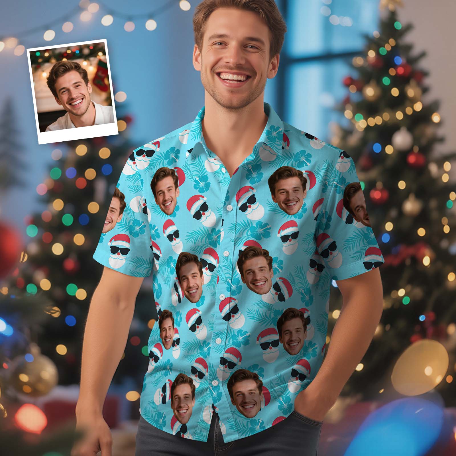 Camiseta Navideña Personalizada Con Cara, Gafas De Sol Azules, Papá Noel, Camisa Hawaiana Navideña, Regalo De Navidad Para Familiares Y Amigos.