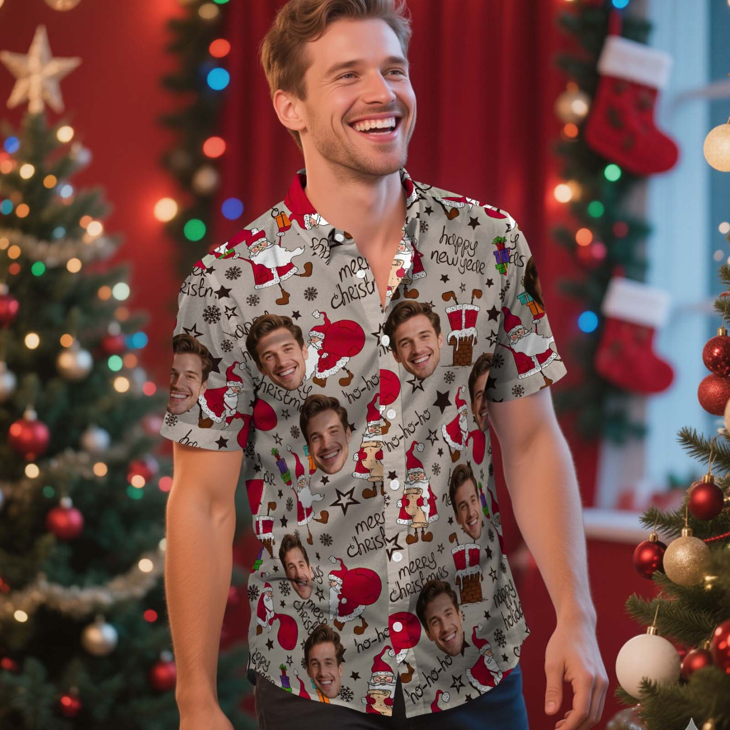 Camiseta Navideña Personalizada Con Cara, Gafas De Sol Azules, Papá Noel, Camisa Hawaiana Navideña, Regalo De Navidad Para Familiares Y Amigos. - miscalcetinescaramx