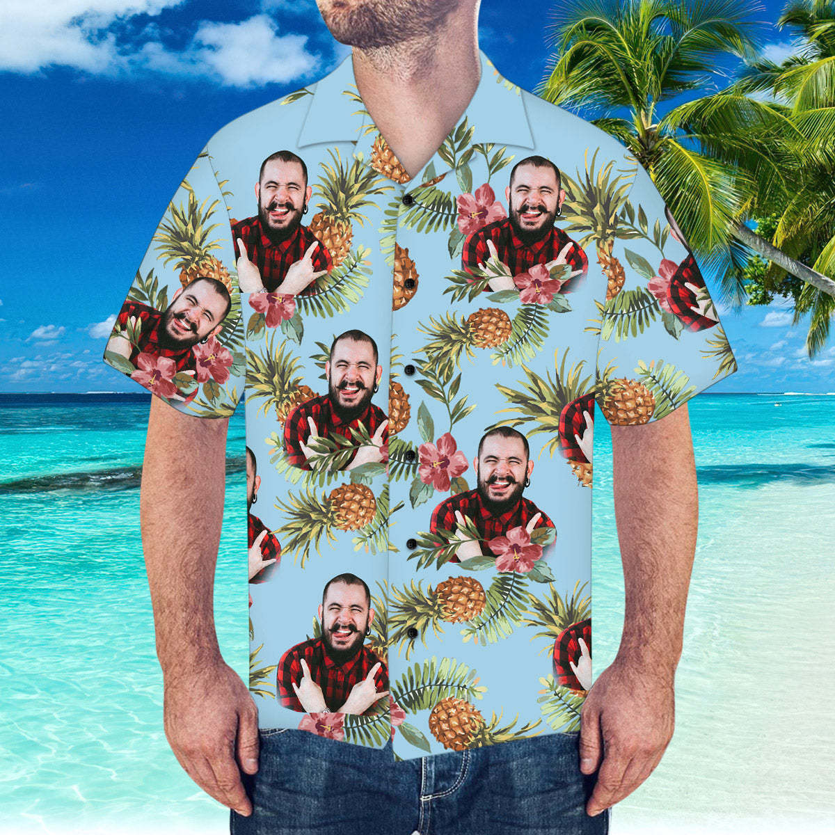 Camisa Hawaiana Personalizada Con Cara De Esposo Patrón De Piña Camisa Hawaiana Para Playa - MyFaceSocksMX