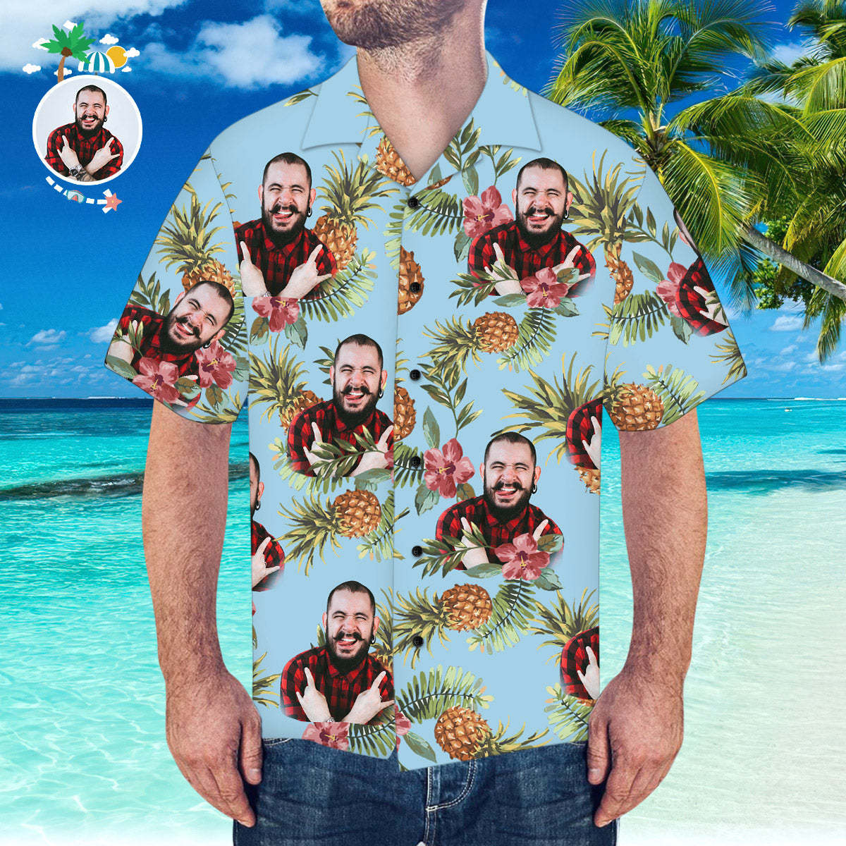 Camisa Hawaiana Personalizada Con Cara De Esposo Patrón De Piña Camisa Hawaiana Para Playa - MyFaceSocksMX