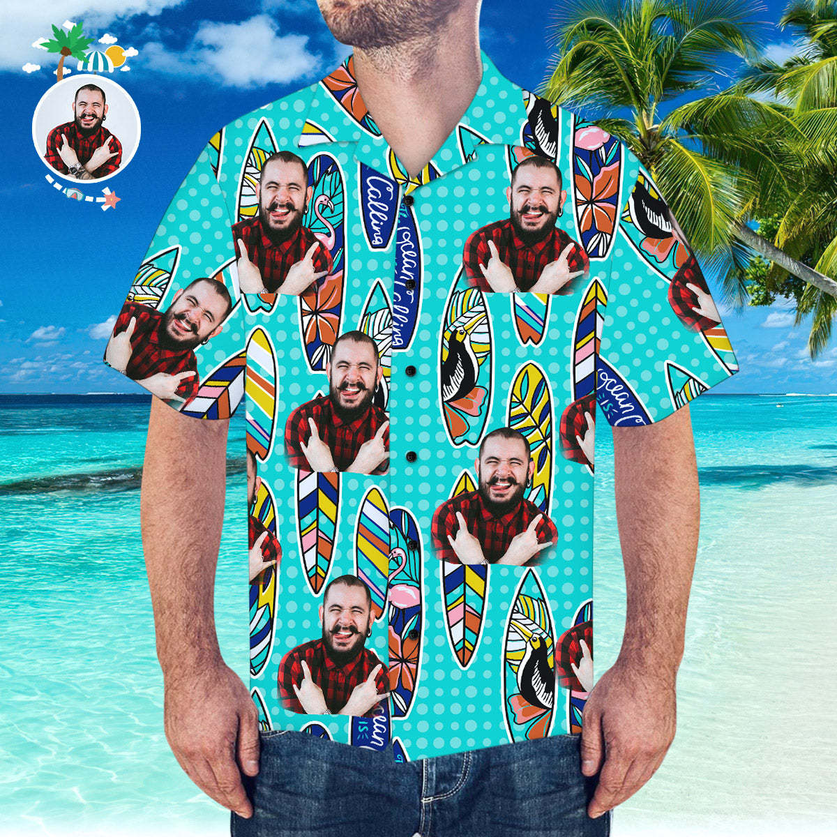 Camisa Hawaiana Personalizada Con Patrón De Surf De Cara De Novio Camisa Hawaiana De Manga Corta - MyFaceSocksMX